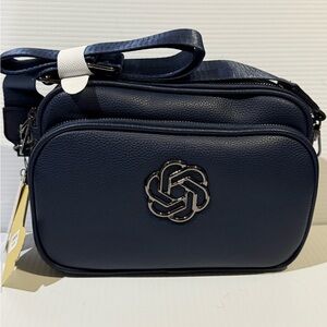 NEW Spacious 100% Vegan Leather Blue Crossbody Bag with Gun Metal Logo Design